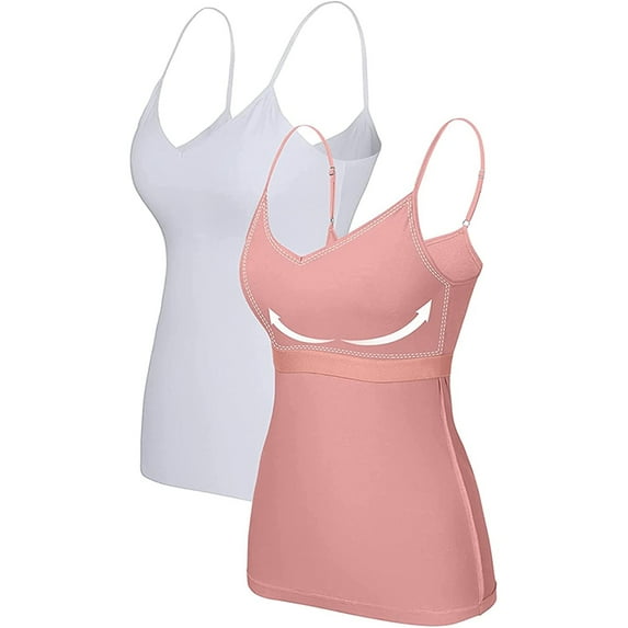 Charmo Cotton Basic Cami for Womens Adjustable Spaghetti Strap Built in Bra Tank Tops 2 Pack