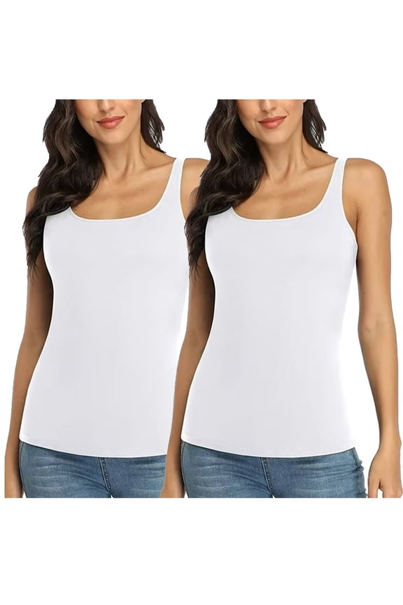 Cotton Basic Camisole for Womens Wider Straps Tank Tops with Shelf Bra, 2-packs