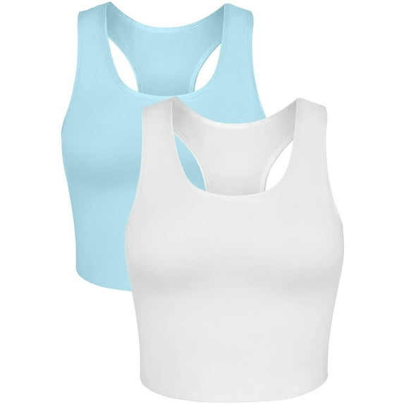 Charmo Crop Tank Tops for Women Built-in Shelf Bra Racerback Cotton Sports Crop Top 2 Pack