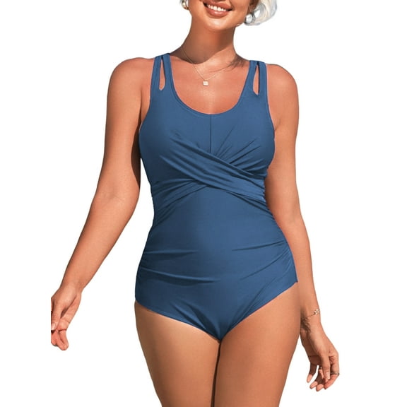 Charmo Double Straps One Piece Monikini Swimwear for Womens Ruched Tummy Control Swimsuit