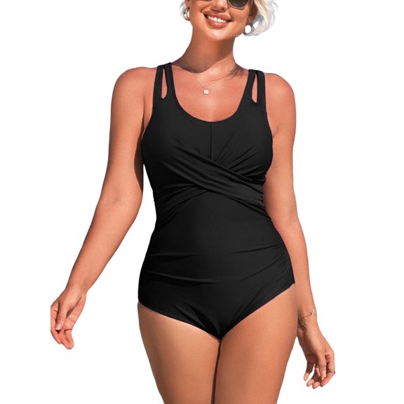 Charmo Double Straps One Piece Monikini Swimwear for Womens Ruched Tummy Control Swimsuit