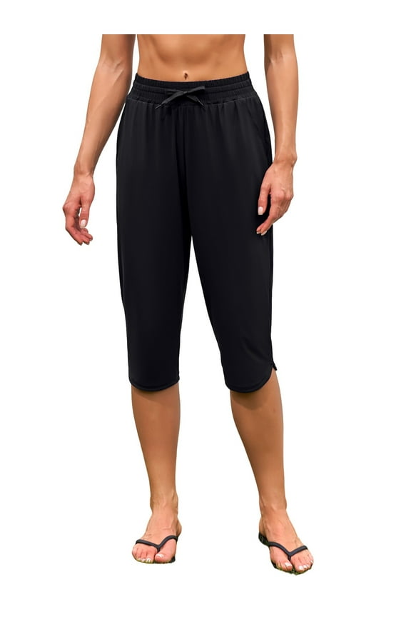Drawstring Swim Bottoms for Womens V Slit Swim Capris Swim Pants with Pockets