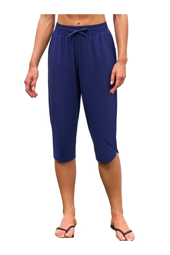 Drawstring Swim Bottoms for Womens V Slit Swim Capris Swim Pants with Pockets