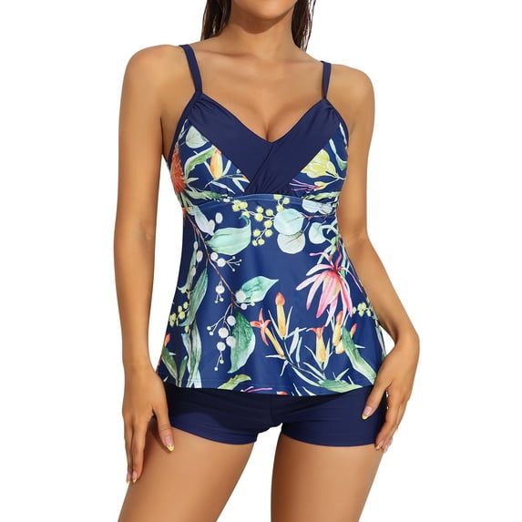 Charmo Floral Tankini Swimsuits for Women V Neck Tankini Tops with Boyleg Bottom Two Piece Bathing Suit