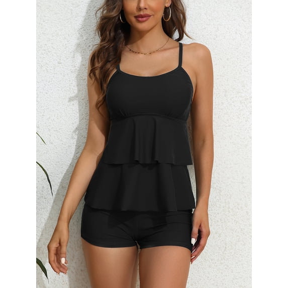 Charmo Flowy Ruffled Tankini Swimsuit for Womens Tummy Control Two Piece Bath Suit with Boyshorts