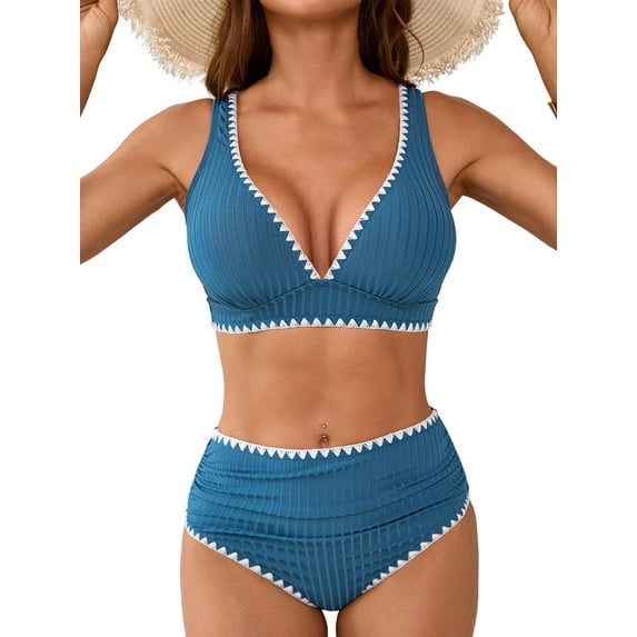 Asoul High Waisted Bikini Sets for Womens Shell Trim 2 Piece Bathing Suit Ruched Swimwear