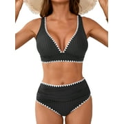 ASOUL High Waisted Bikini Sets for Womens Shell Trim 2 Piece Bathing Suit Ruched Swimwear