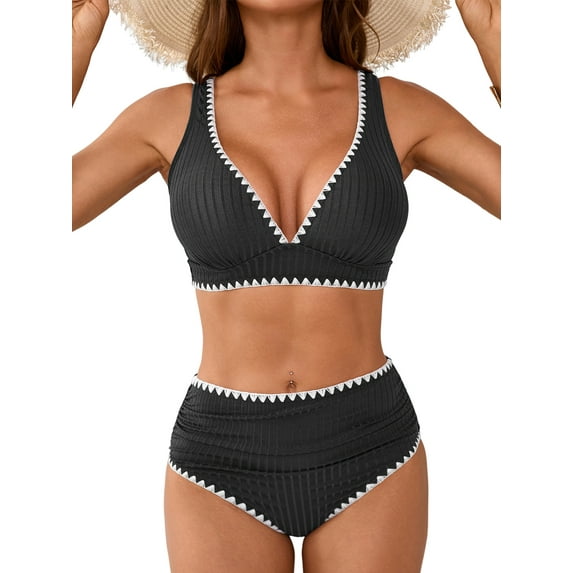Asoul High Waisted Bikini Sets for Womens Shell Trim 2 Piece Bathing Suit Ruched Swimwear