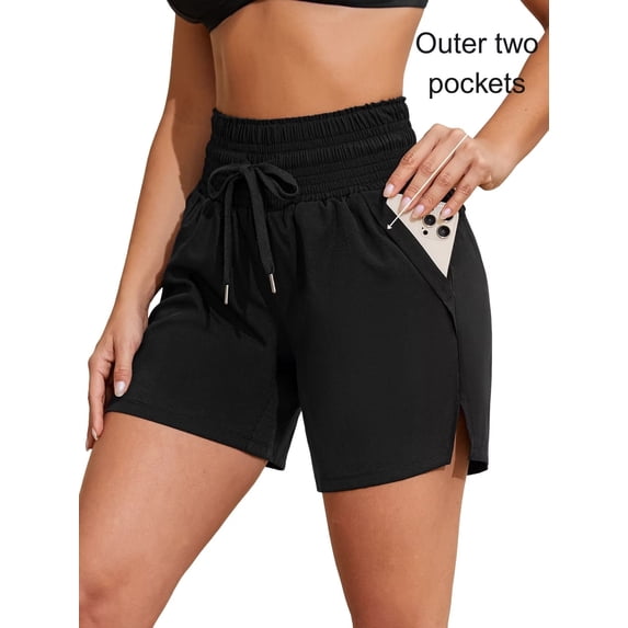 Charmo High Waisted Drawstring Swim Shorts for Womens Quick Dry Beach Sporty Fitness Running Shorts with Pockets(Outer)