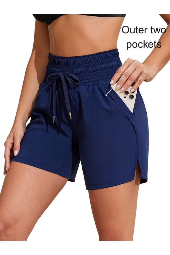 High Waisted Drawstring Swim Shorts for Womens Quick Dry Beach Sporty Fitness Running Shorts with Pockets(Outer)