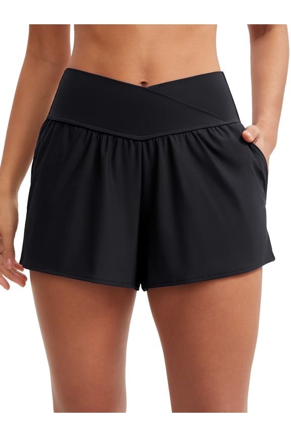 High Waisted Sport Swim Shorts for Womens Side Slits Boardshorts with Pockets 2 in 1 Swimsuit Bottoms UPF 50+,S-3XL