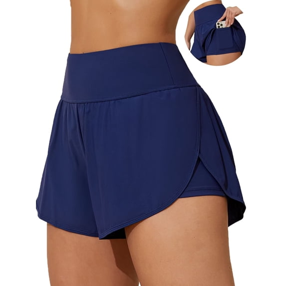 Charmo High Waisted Sport Swim Shorts for Womens Side Slits Boardshorts with Pockets 2 in 1 Swimsuit Bottoms UPF 50+,S-3XL