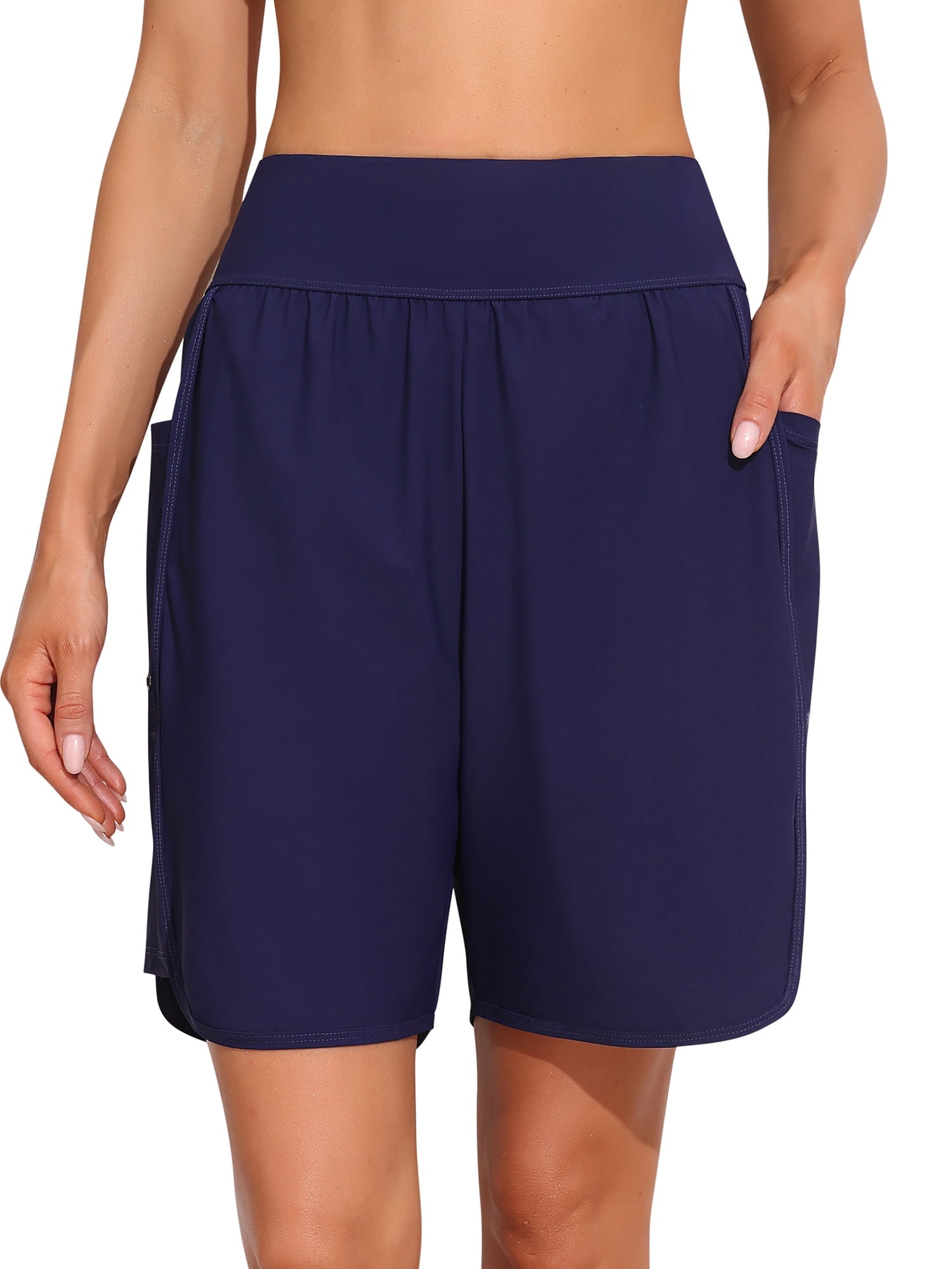 Chase Secret Swim Shorts For Women High Waisted Long Swim Bottoms Knee Length Board Shorts With Pockets Blue