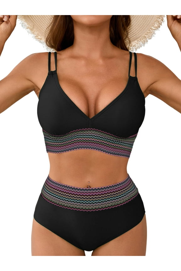 High Waisted Triangle Bikini Sets for Womens Color Block Swimsuits Tummy Control Two Piece Bathing Suit