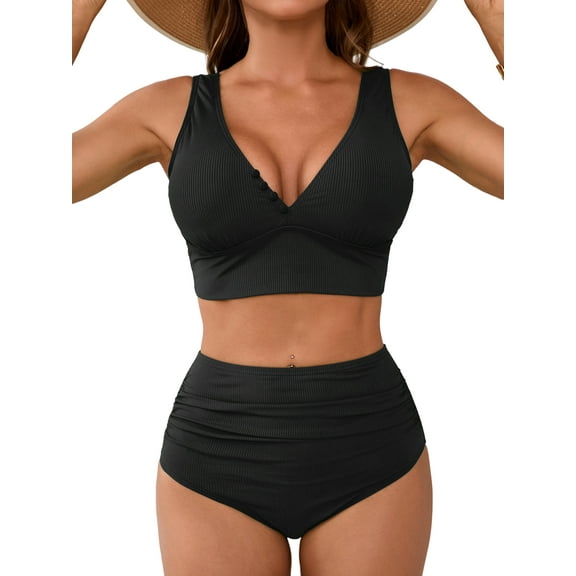 Asoul High Waisted V Neck Bikini Sets for Womens Tummy Control Two Piece Bathing Suit