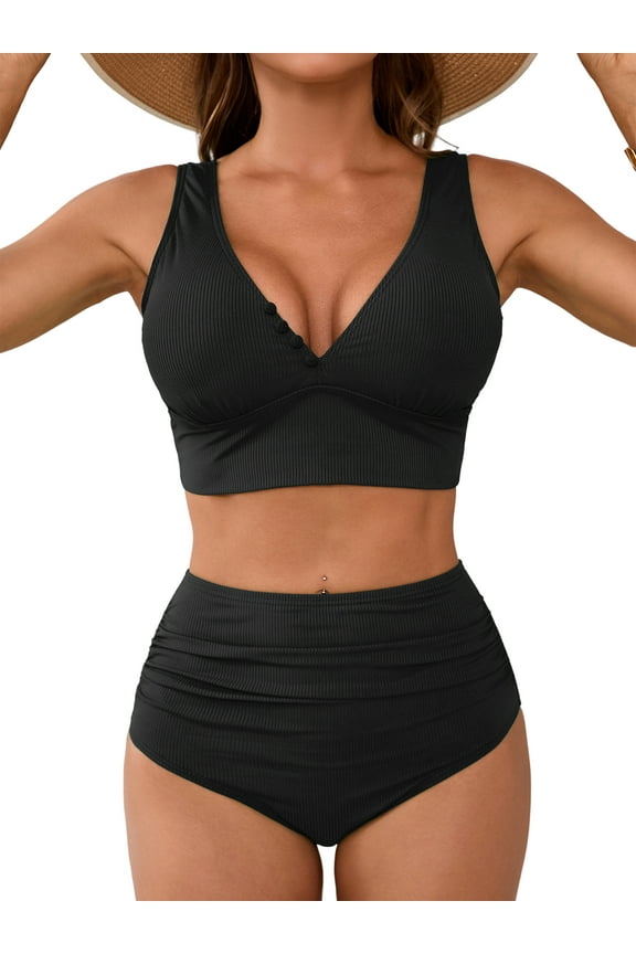 High Waisted V Neck Bikini Sets for Womens Tummy Control Two Piece Bathing Suit