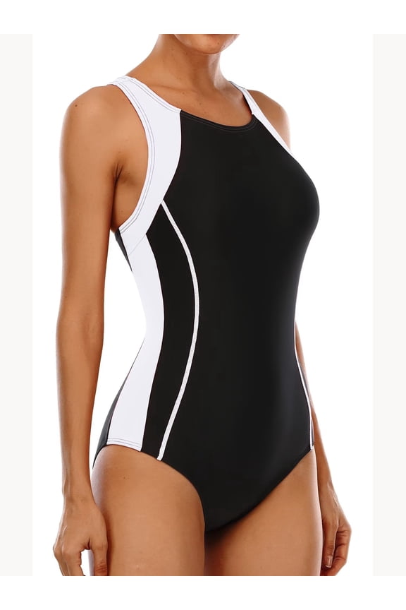 One Piece Athletic Racerback Swimsuit Women Slimming Bathing Suits Color Block Training Swimwear for Women