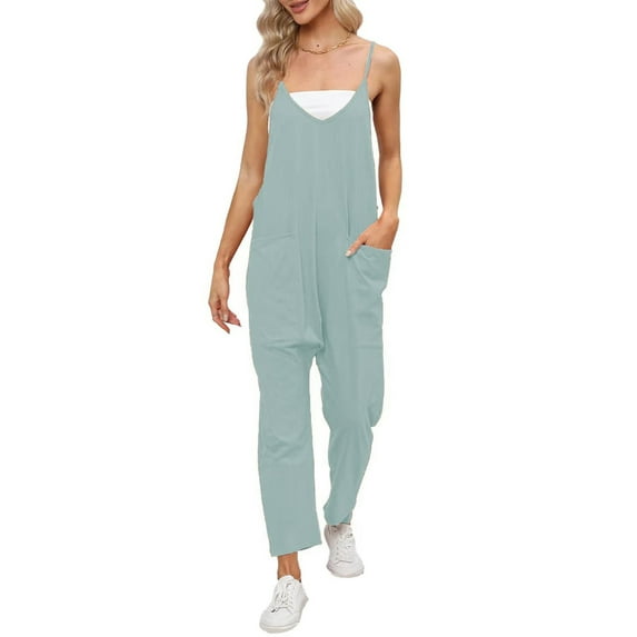 Charmo One Piece Jumpsuits for women V Neck Sleeveless Loose Fit overalls Spaghetti Strap Harem Long Pants with Pockets