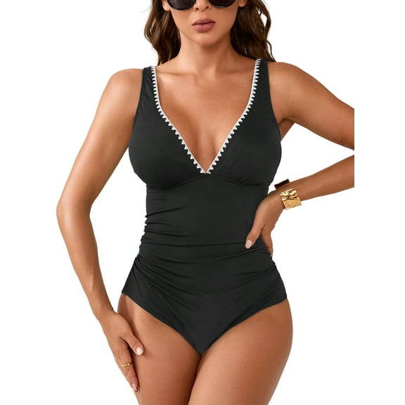 Charmo One Piece Swimsuit for Women Tummy Control Ruched Bathing Suit Push Up Tie Back Swimwear Shell Stitched