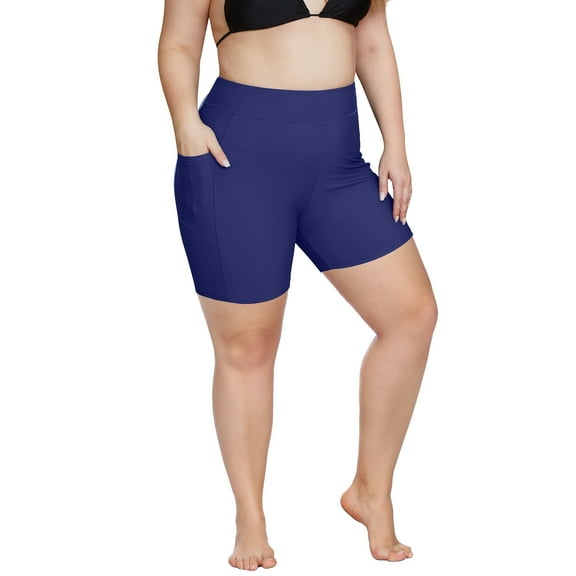 Charmo Plus Size High-Waist Swim Shorts for Womens Boardshort Bike Sport Swim Bottoms Bikini Shorts with Pockets