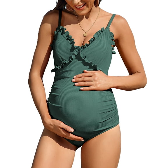 Charmo Pregnant One Piece Swimsuit Maternity Adjustable Straps Ruffle-Trim V Neck Swimwear