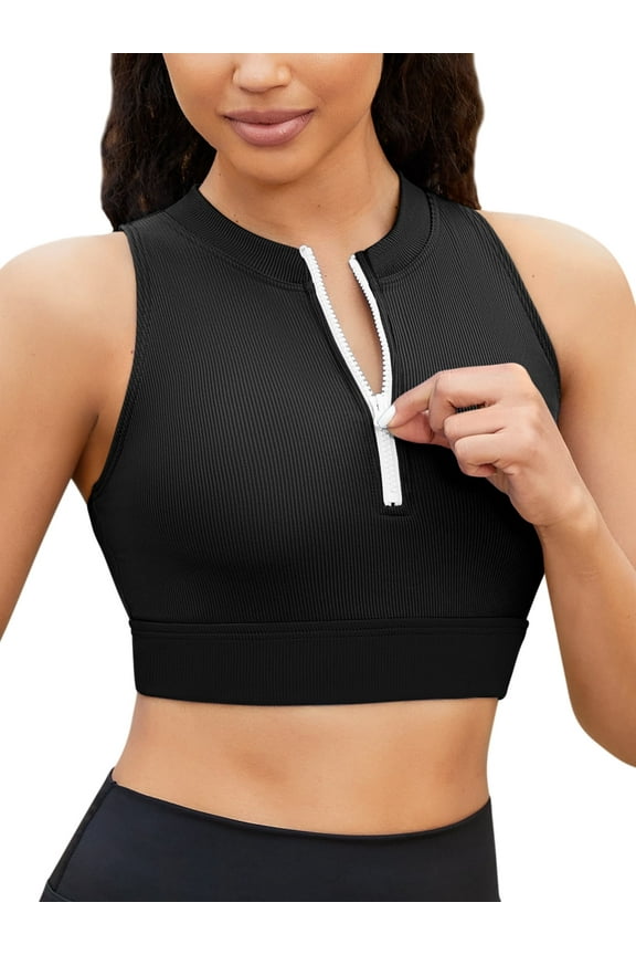 Racerback Sporty Bikini Tops for Womens Ribbed Zipper Swim Tops Only