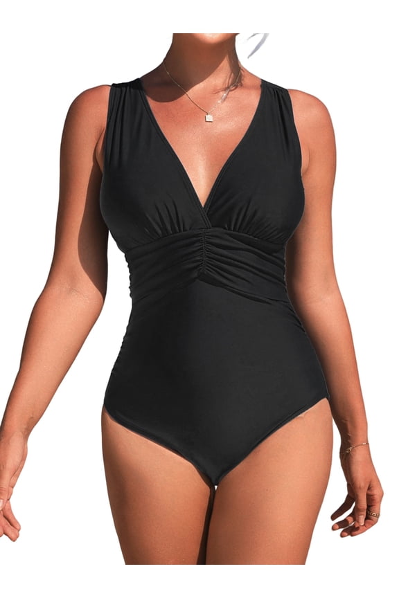Retro Plunge V Neck One Piece Swimsuit for Womens Ruched Tummy Control Swimwear