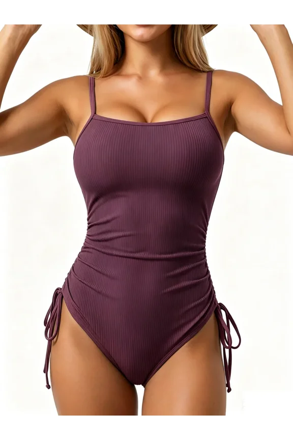 Ribbed One Piece Tummy Control Swimsuits Womens Tie Side Bathing Suits for Women Ladies Sexy Ruched Monokini Swimwear