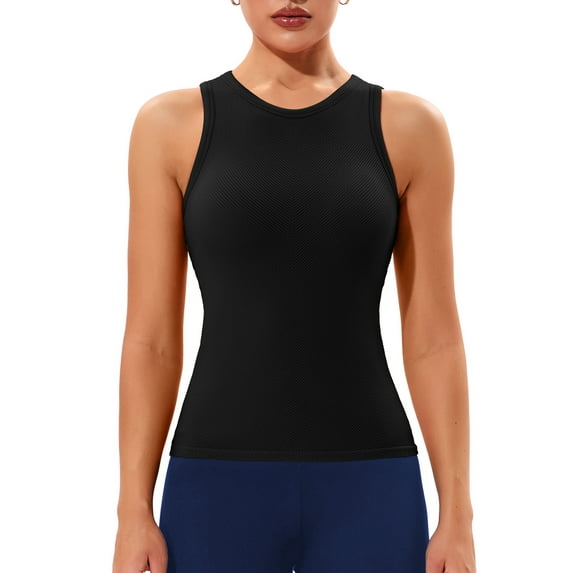 Charmo Ribbed Seamless Tank Top for Womens High Neck Tops Built in Bra