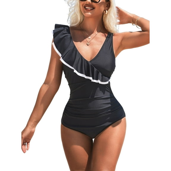 Charmo Ruffled Flounce Swimwear for Womens Ruched Swimsuit Deep V Neck Bathing Suits