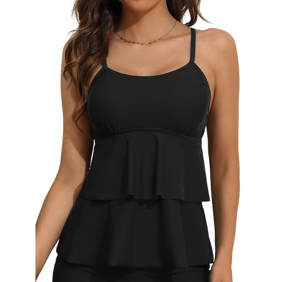 Charmo Ruffled Layer Tankini Tops for Womens Adjustable Straps Swim Tops Padded Swimsuit Tops(No Bottoms)