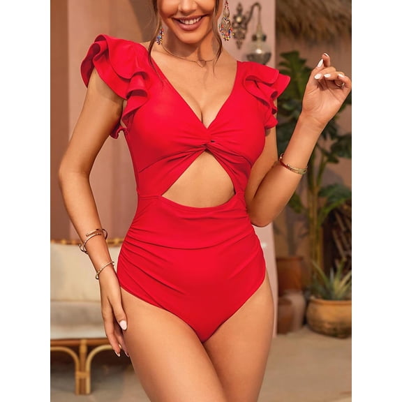 Charmo Ruffled Shoulder One Piece Swimsuit Tie Back Tummy Control Monkini Swimwear