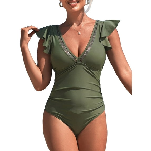Charmo Ruffled Sleeve One Piece Monikini Swiwear for Womens V Neck Swimsuit Backless Bath Suit