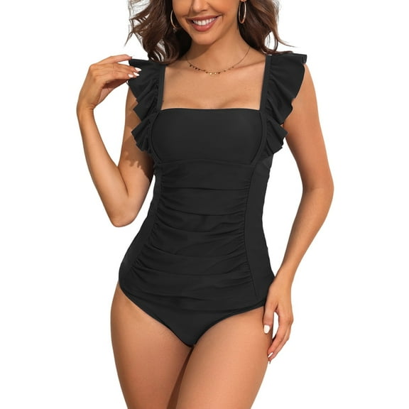 Charmo Ruffled Tankini Swimsuit for Womens Tummy Control Bathing Suits Swimwear Ruched Two Piece Swimwear