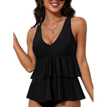 Charmo Ruffled V Neck Swim Tops for Womens Flowy Tankini Tops Padded Bathing Suit Tops(No Bottoms）