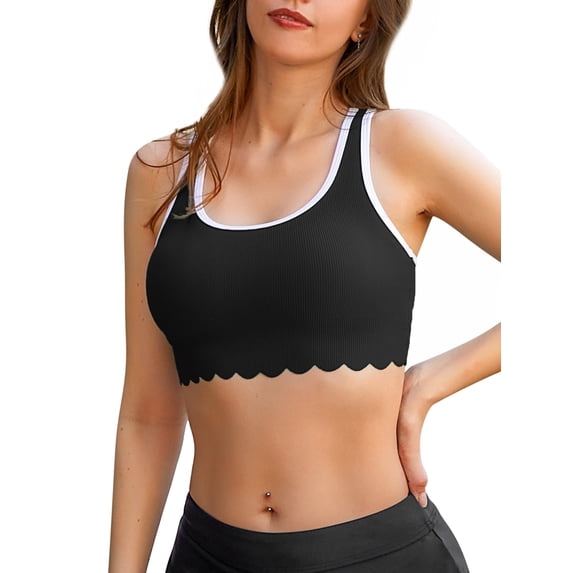 Charmo Scallop Scoop Neck Bikini Tops for Womens Ribbed Swim Tops Racerback Athletic Swimsuit Top