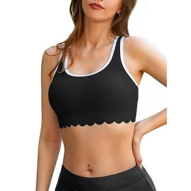 Charmo Scallop Scoop Neck Bikini Tops for Womens Ribbed Swim Tops Racerback Athletic Swimsuit Top