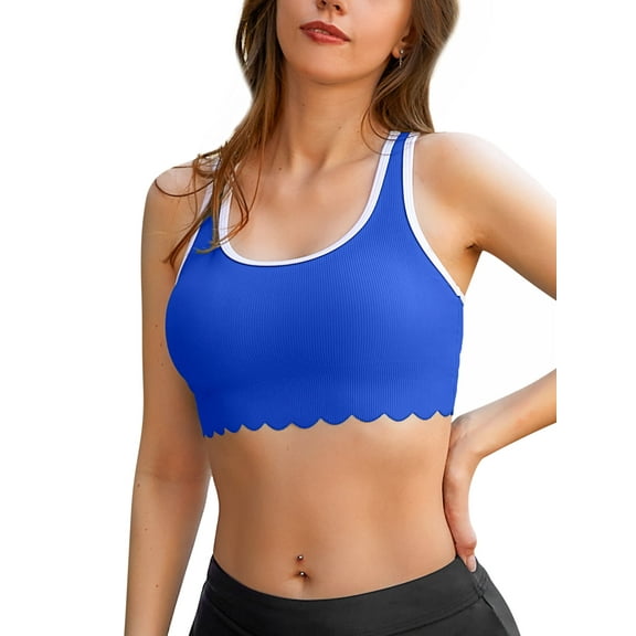 Charmo Scallop Scoop Neck Bikini Tops for Womens Ribbed Swim Tops Racerback Athletic Swimsuit Top