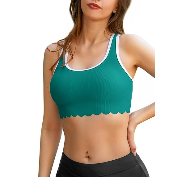 Charmo Scallop Scoop Neck Bikini Tops for Womens Ribbed Swim Tops Racerback Athletic Swimsuit Top