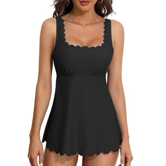 Charmo Scalloped Square Neck Tankini Tops for Womens Tummy Control Swim Tops Paddded Swimsuit Tops(No Bottoms)