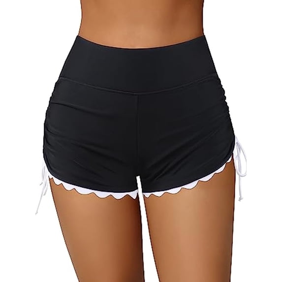 Charmo Scalloped Swim Shorts for Womens High Waisted Drawstring Swimsuit Bottoms Tankini Swim Board Shorts