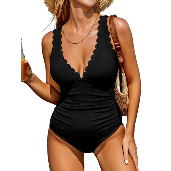 Scalloped V Neck One Piece Swimsuit for Womens Tummy Control Monikini Swimwear Adjustable Straps