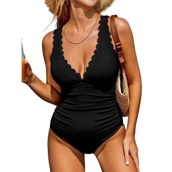 Charmo Scalloped V Neck One Piece Swimsuit for Womens Tummy Control Monikini Swimwear Adjustable Straps