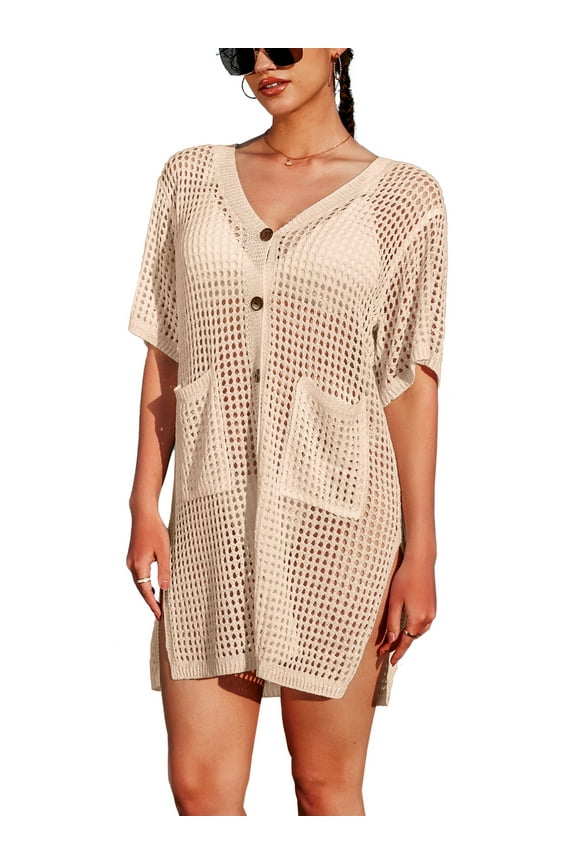 Short Sleeve Swim Cover up for Womens Side Split Botton One Piece Swimwear