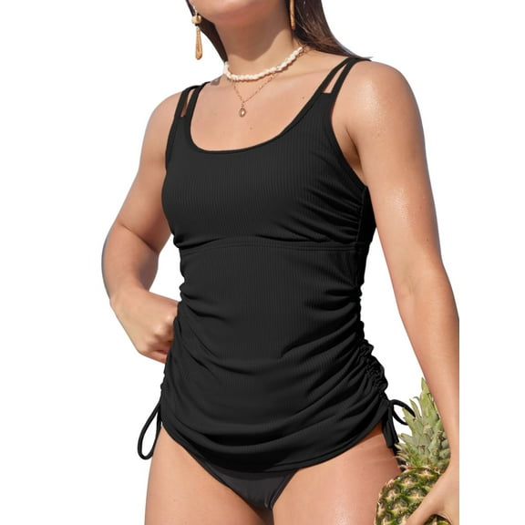 Charmo Side Drawstring Swim Tops for Womens Ribbed Tankini Tops Padded Bikini Tops(No Bottoms)