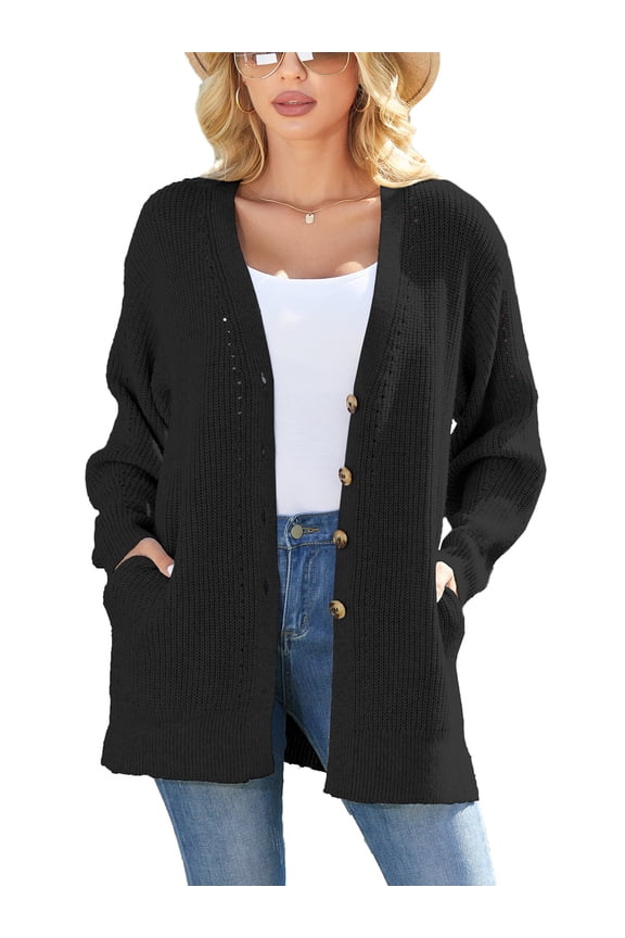Side Split Cardigan Sweaters for Womens Long Sleeve V Neck Button Knit Sweater with Pockets