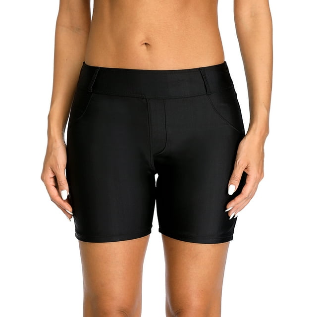 Charmo Solid Swim Shorts with Pockets for Womens High Waisted Swim