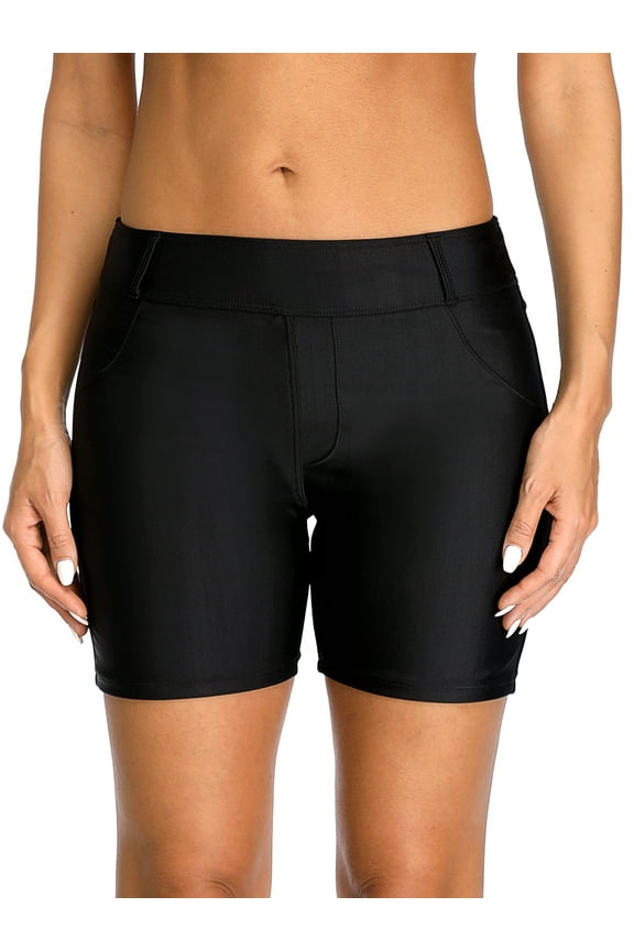 Solid Swim Shorts with Pockets for Womens High Waisted Swim Boardshorts Beach Swimwear Trunks