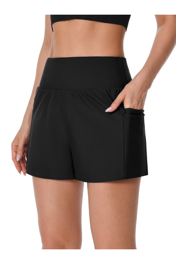 Swim Shorts for Women Swimwear High Waisted Swim Bottom Hidden Pockets Board Shorts