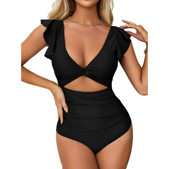 Charmo One Piece Swimsuit for Womens Ruched Tummy Control High Cut Backless V Neck Bathing Suits Monokini Swimwear